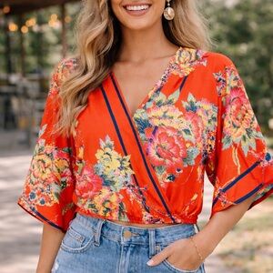 Flying Tomato Floral Crop Top Kimono Sleeve Boho Wrap Blouse Small Tropical